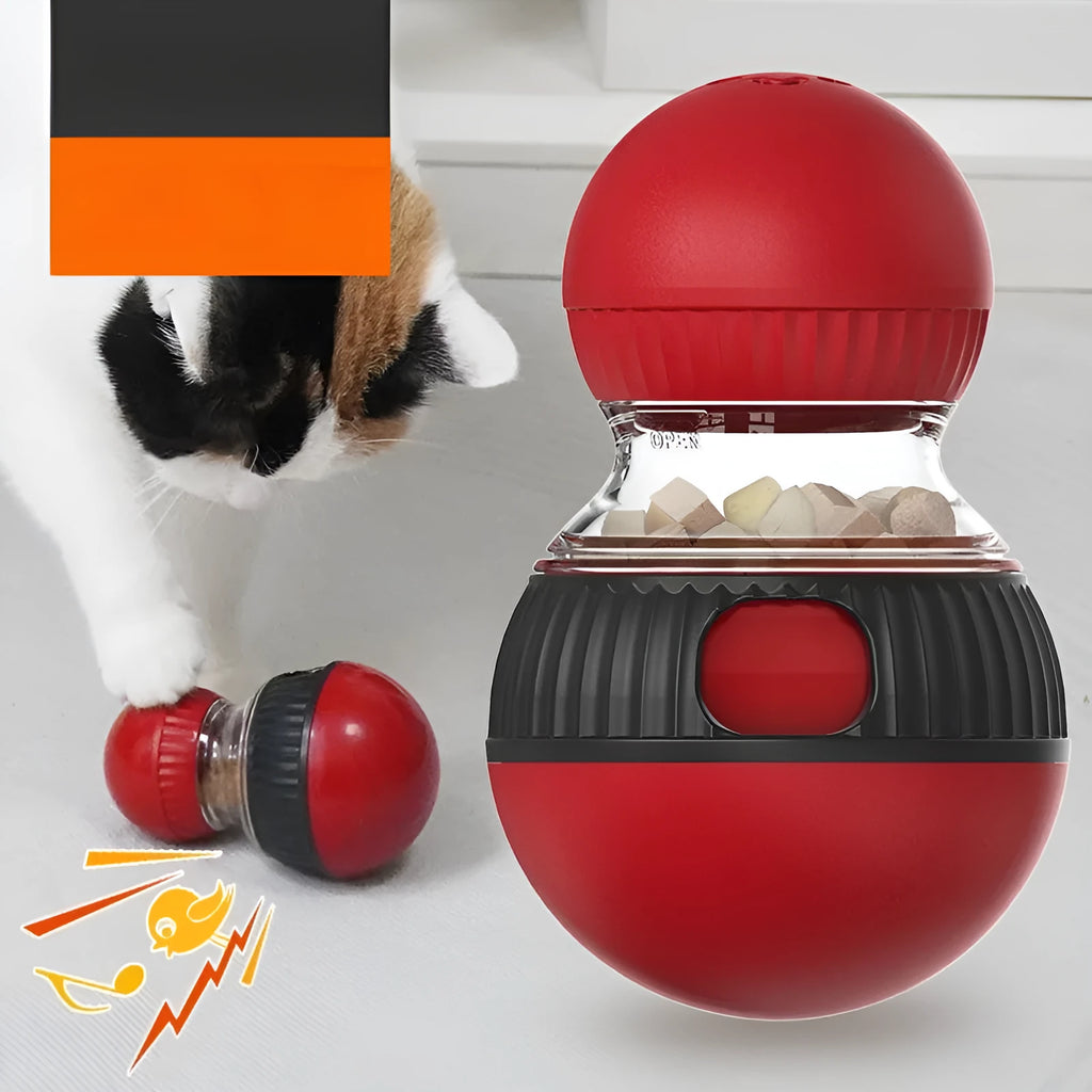 Rotating plastic cat toy with super ball colour and food dropping mechanism