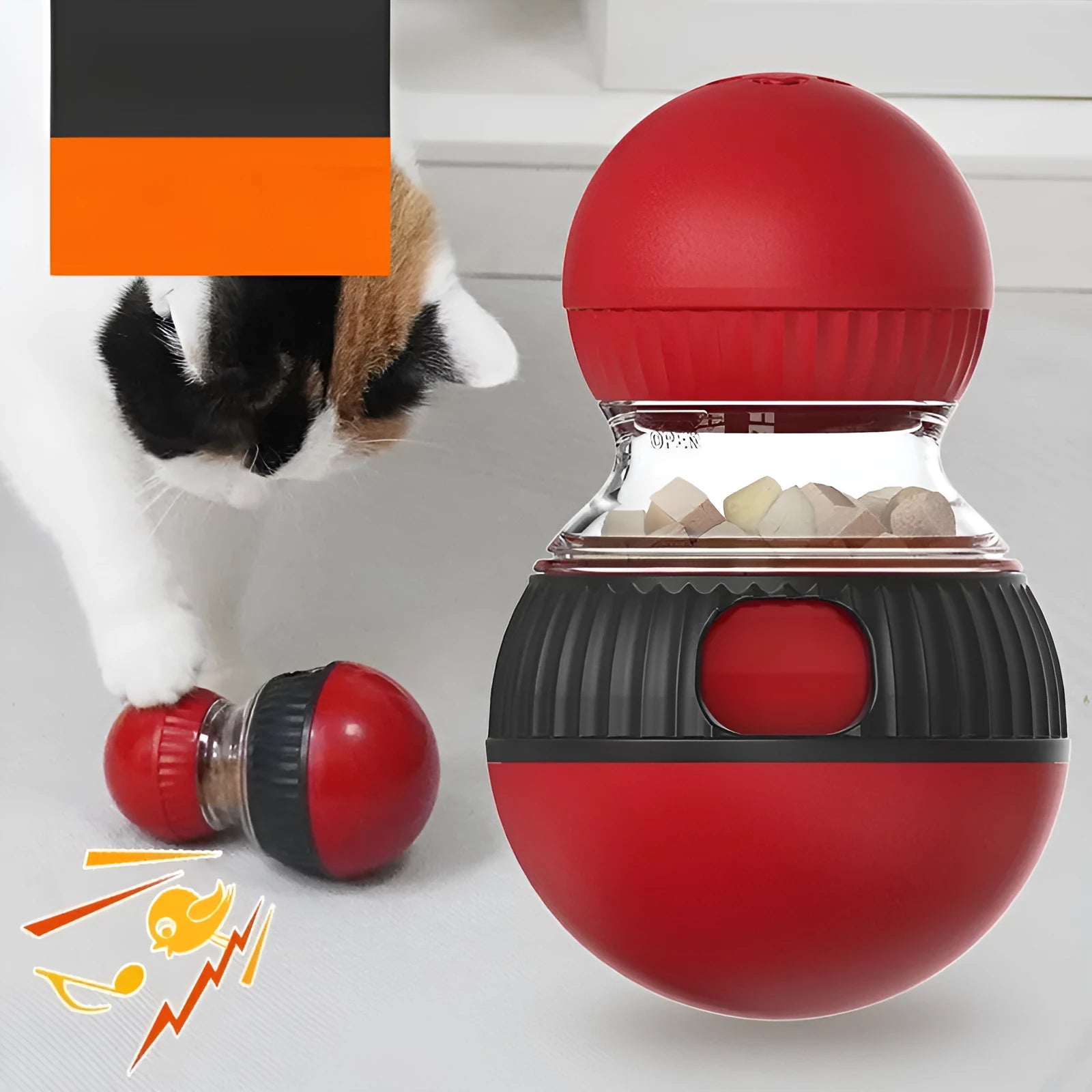 Rotating plastic cat toy ball with food compartment and sound mechanism for indoor pet play