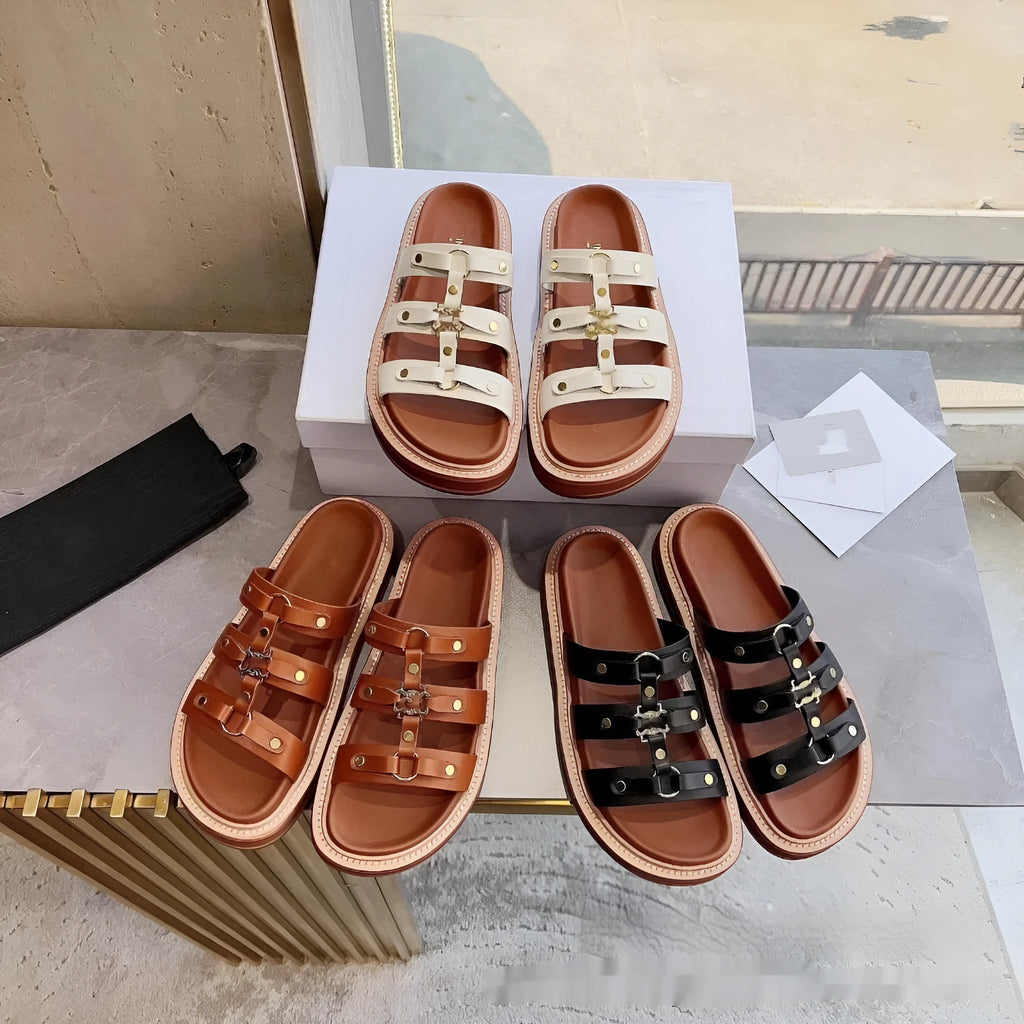 Women's retro Roman style sandal slippers in patent leather, shown in black, white, and brown colour options.