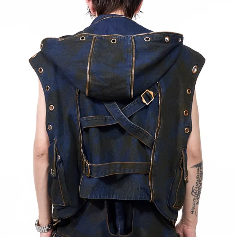Blue hooded denim vest coat and matching trousers set on a man, showing Korean style fit.
