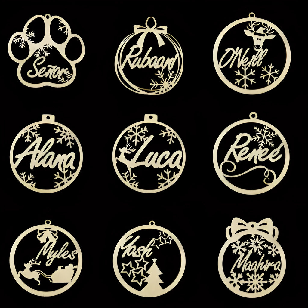 Hollow wooden Christmas tree pendant with DIY carving for English name, American style, 11 variations