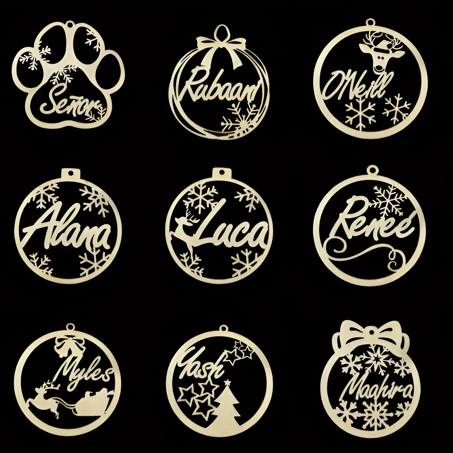 Hollow wooden Christmas tree pendant with DIY carving for English name, American style, 11 variations