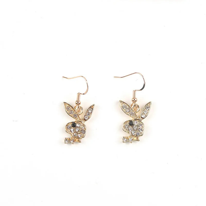 Cute rabbit stud earrings in gold, pink and silver colours with cartoon animal design.