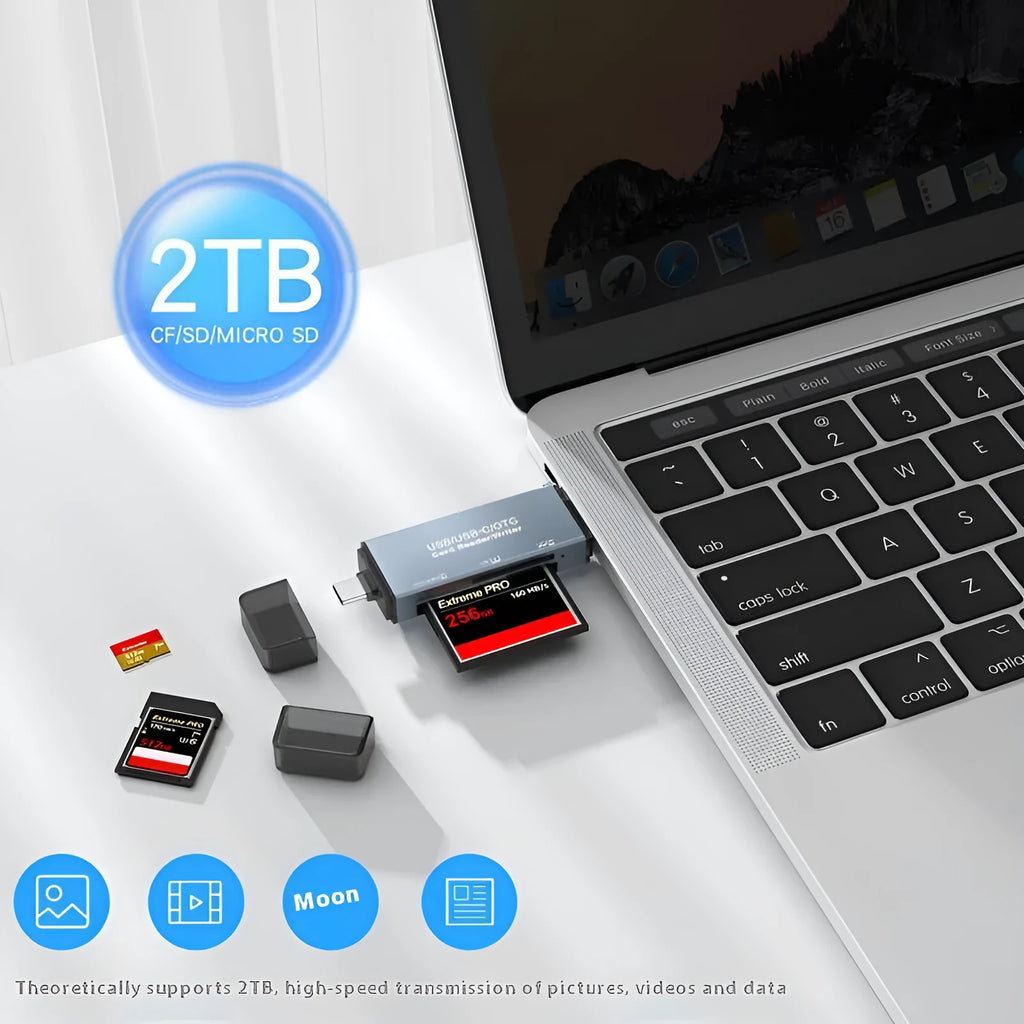 Aluminum alloy CF SD TF three-in-one card reader showing compact design with multiple card slots