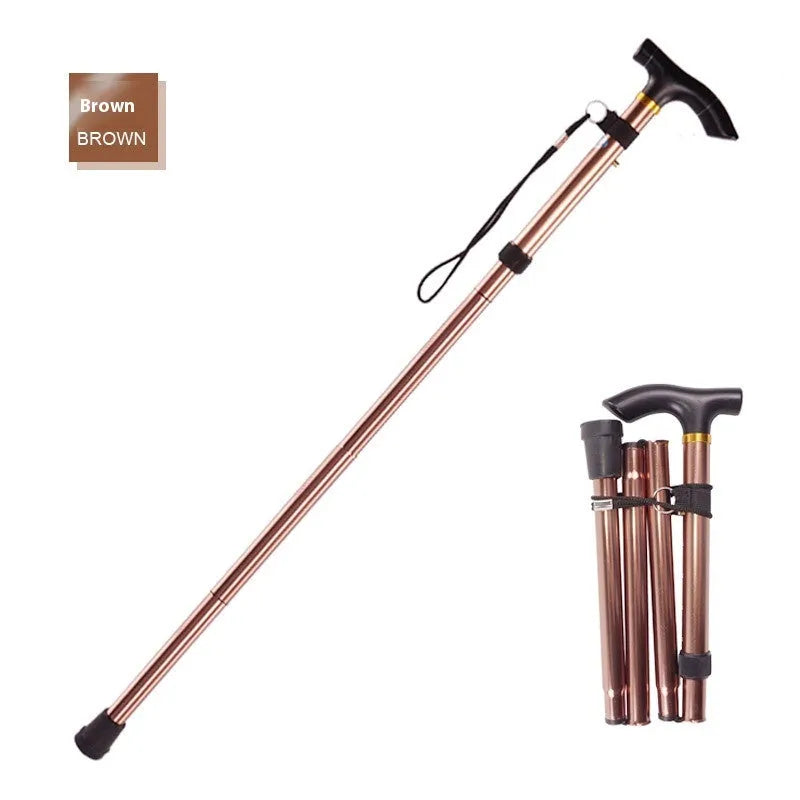 Aluminium folding walking cane extended to show adjustable length with non-slip handle