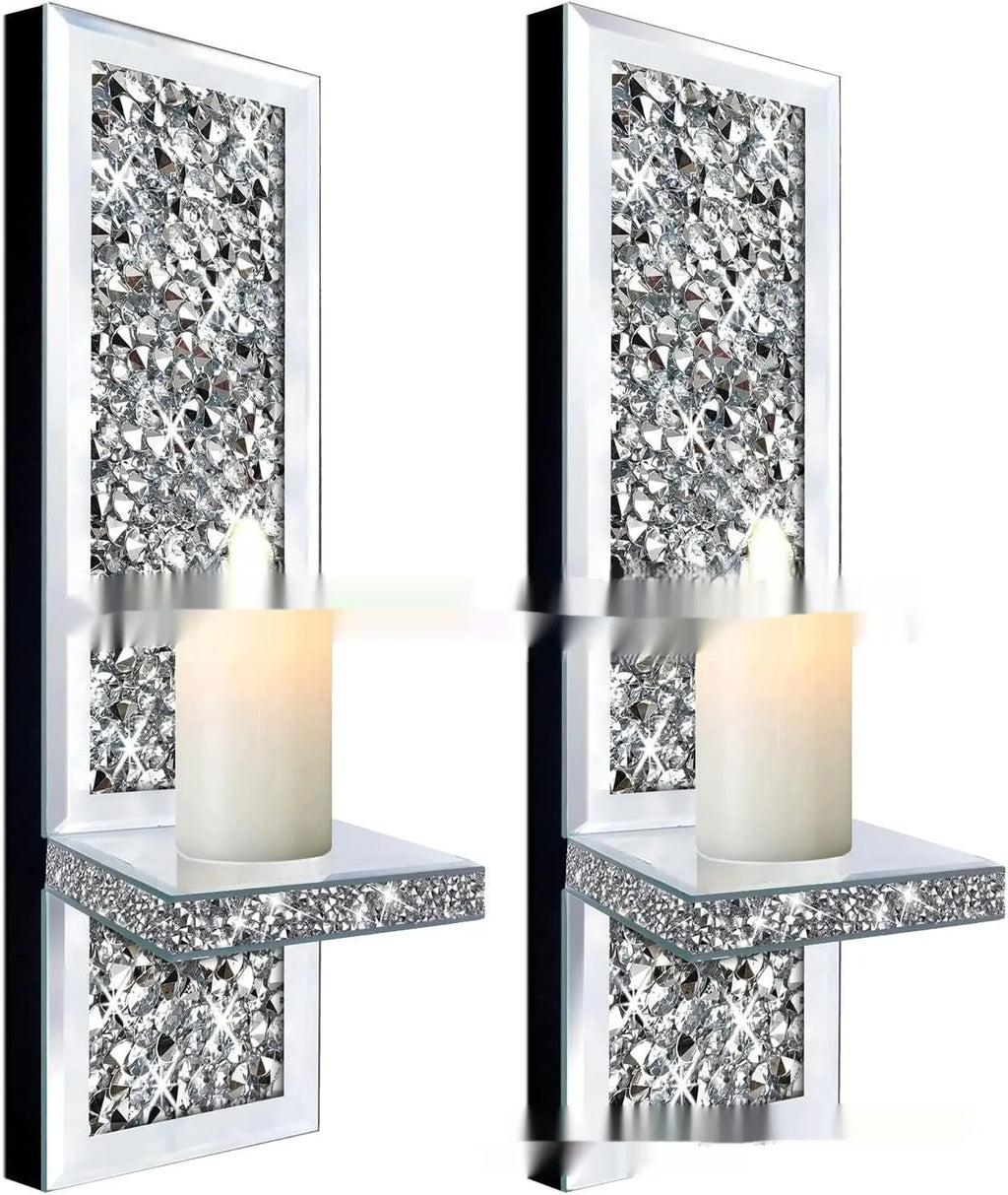 Pair of silver mirror glass wall hanging candle holders measuring 38cm tall.