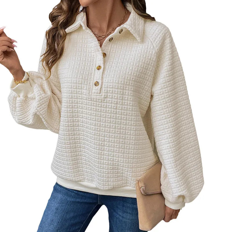 Women's beige thickened polyester sweater with a polo collar and long sleeves.