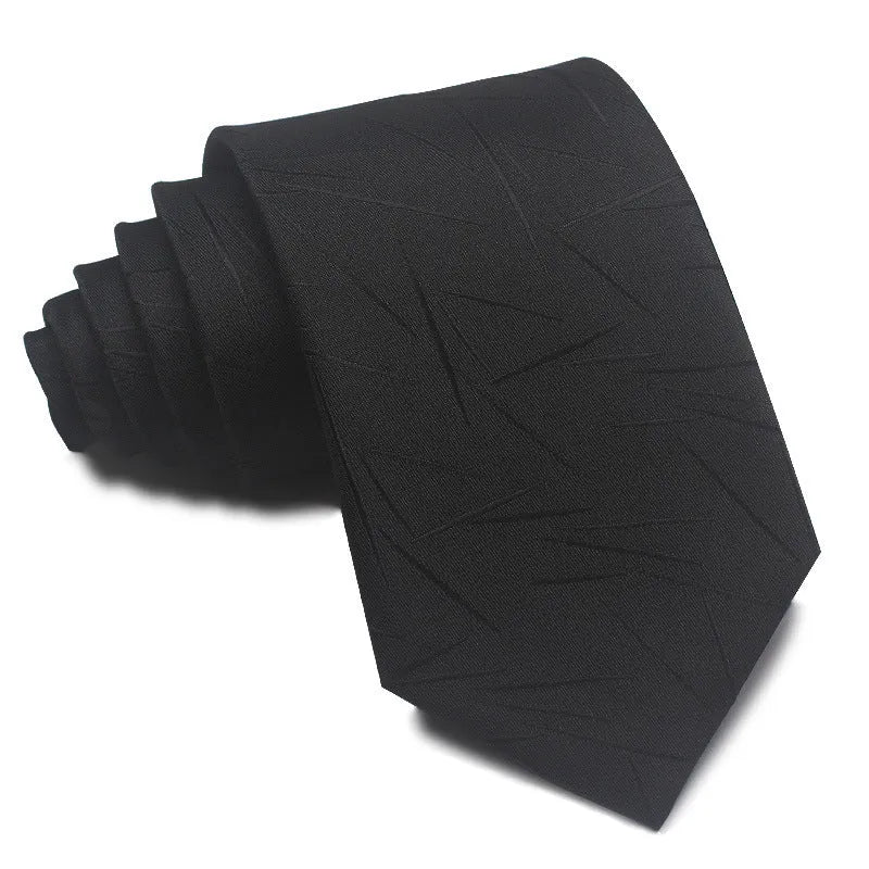 Men's red and black striped polyester jacquard tie with an arrow shape laid flat