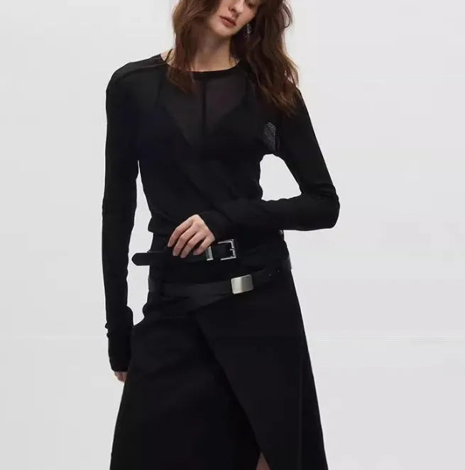 Black slim-fit long sleeve PU pullover with a see-through mesh texture on a model.