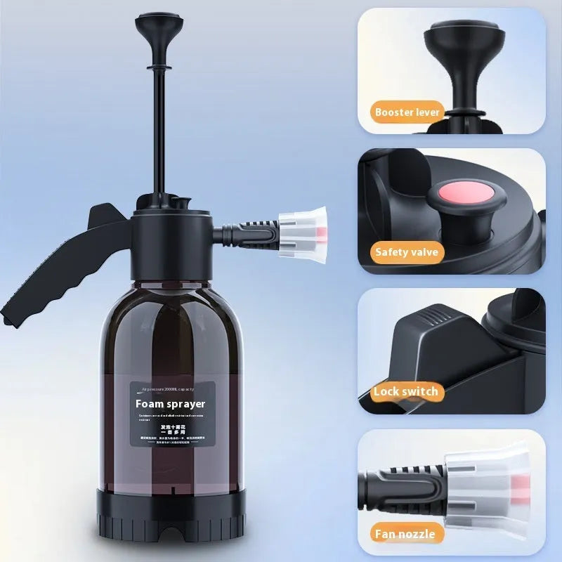Black 2L hand-held foam sprayer watering can with ergonomic handle and two nozzles