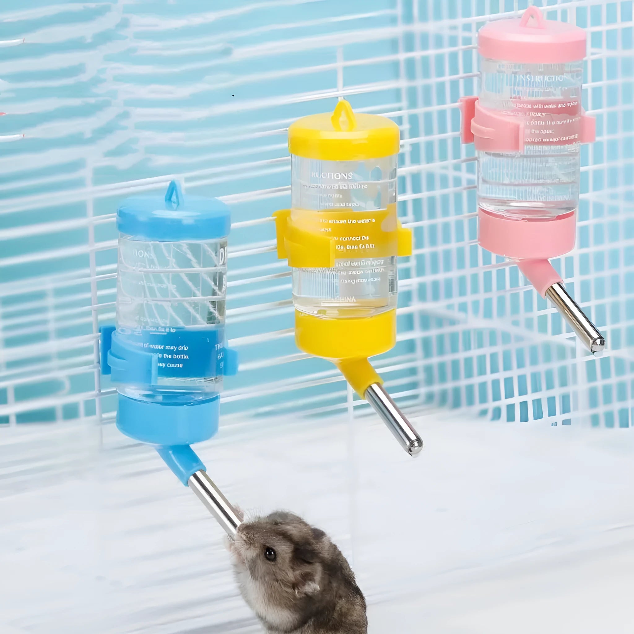 Plastic leak-proof water feeder for small pets in assorted colours on a white background.