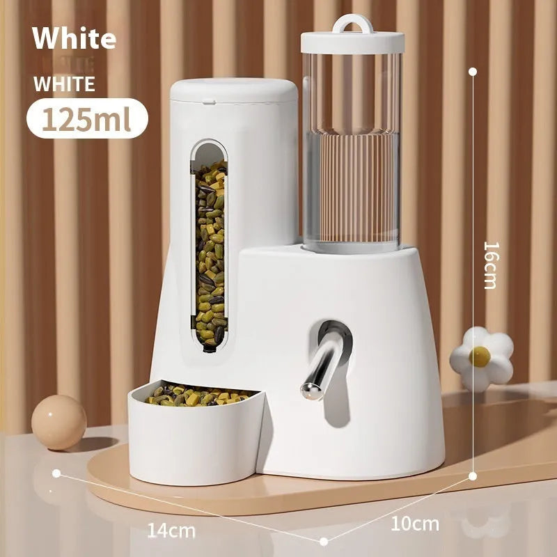 Blue hamster automatic water bottle and dual-compartment white food basin attached together.