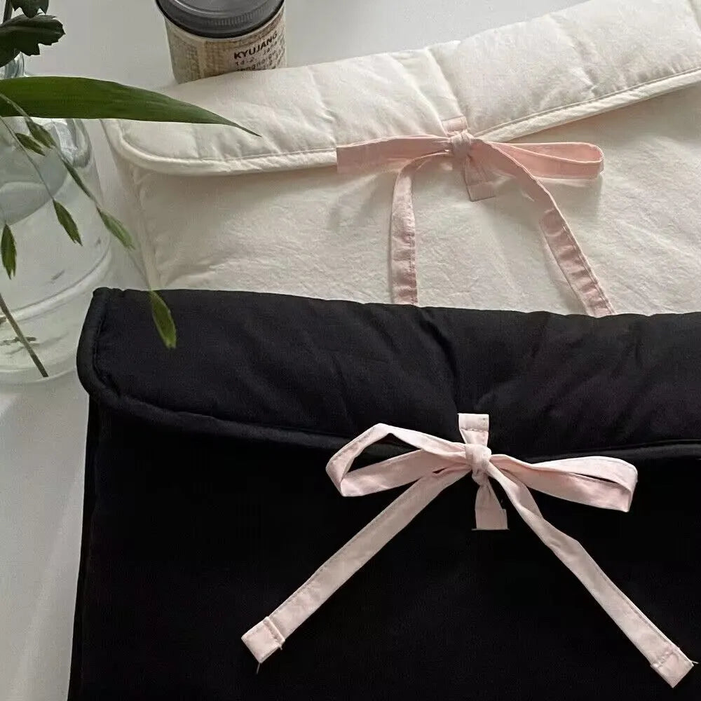 Women's black and white ballet bow quilted laptop computer bag with striped pattern