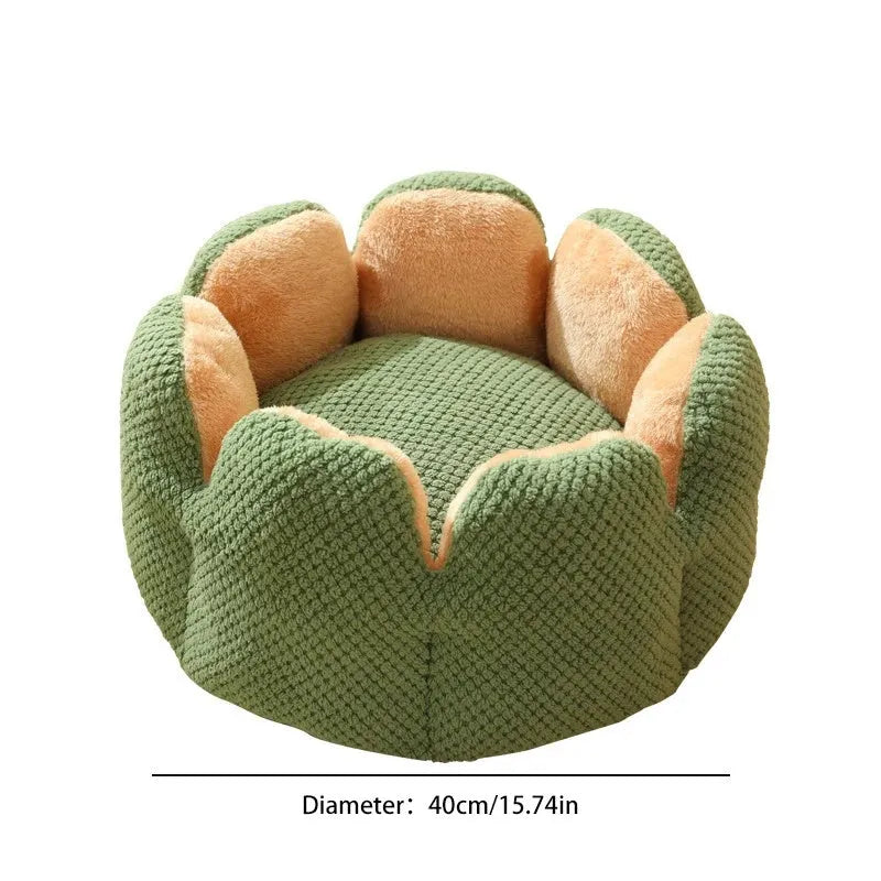 Green cactus petal shape plush pet bed for cats and dogs on hardwood floor