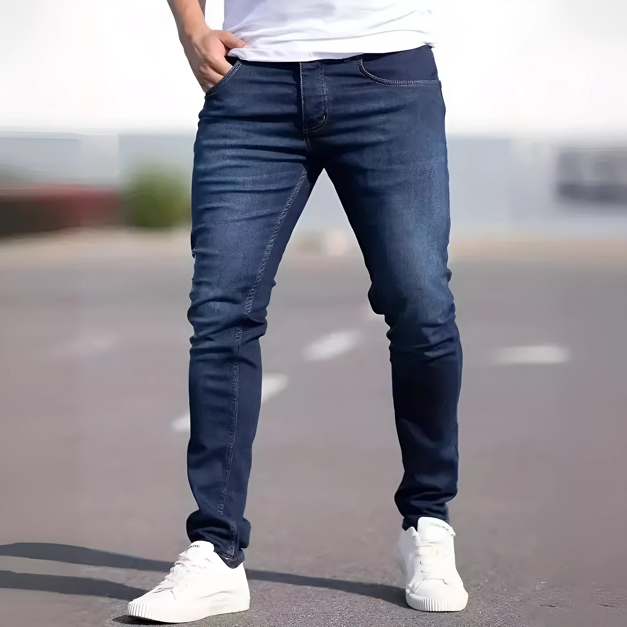 Men's dark blue slim-fit skinny casual jeans on a neutral background