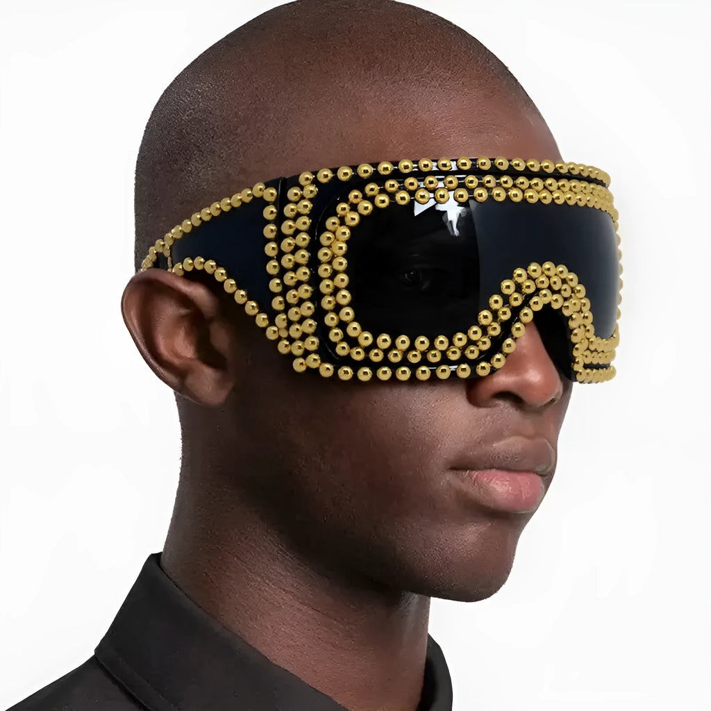 Men's punk-inspired large rim square sunglasses with visible rivet detailing in silver colour