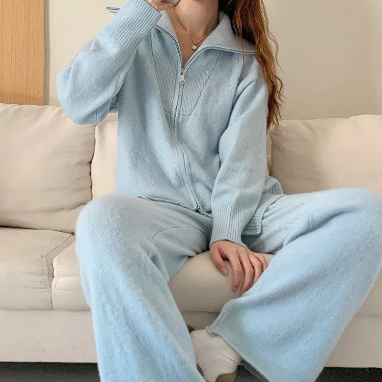 Women's solid-colour knitted cardigan and wide leg trousers two-piece set in polyester.
