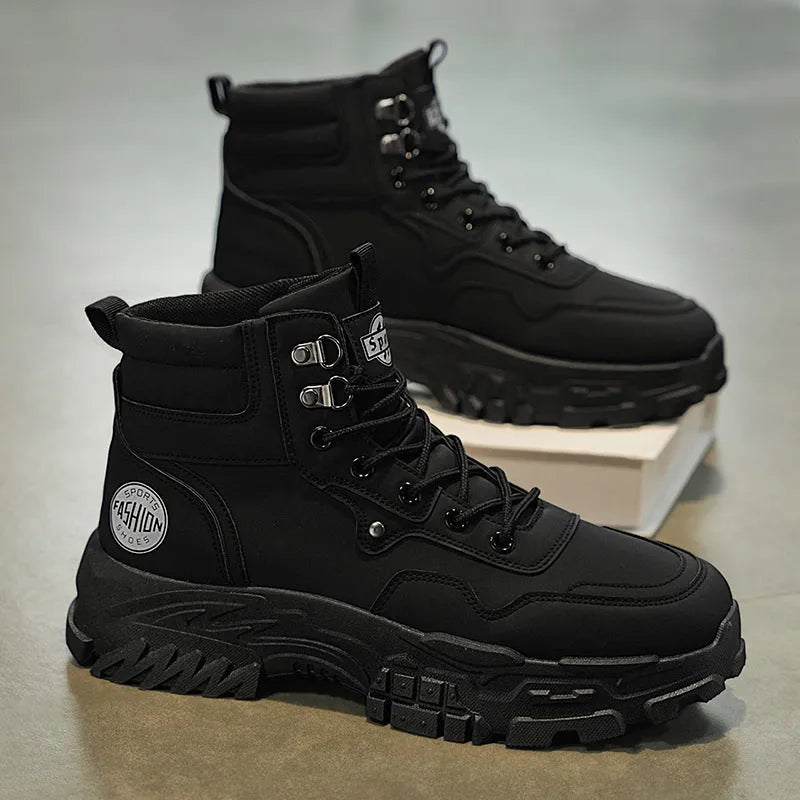 Men's black and yellow Martin boots showing high-top design with artificial PU upper and injection-moulded sole