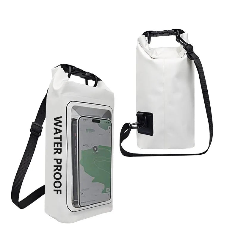 Black waterproof crossbody PVC bag for mobile phones, shown in 2L and 5L sizes.