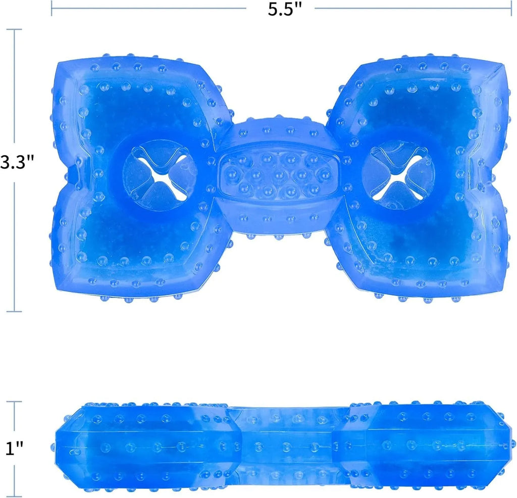 Freezable water-filled dog cooling chew toy in bones and circles designs with treat compartment.