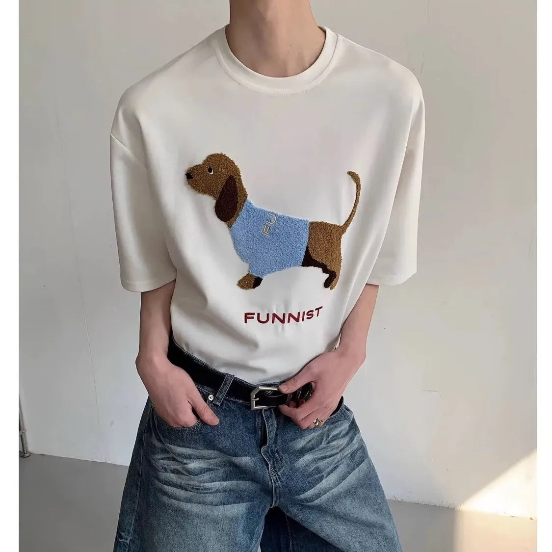 Men's grey t-shirt with embroidered sausage dog design on chest, round neck, short sleeves.