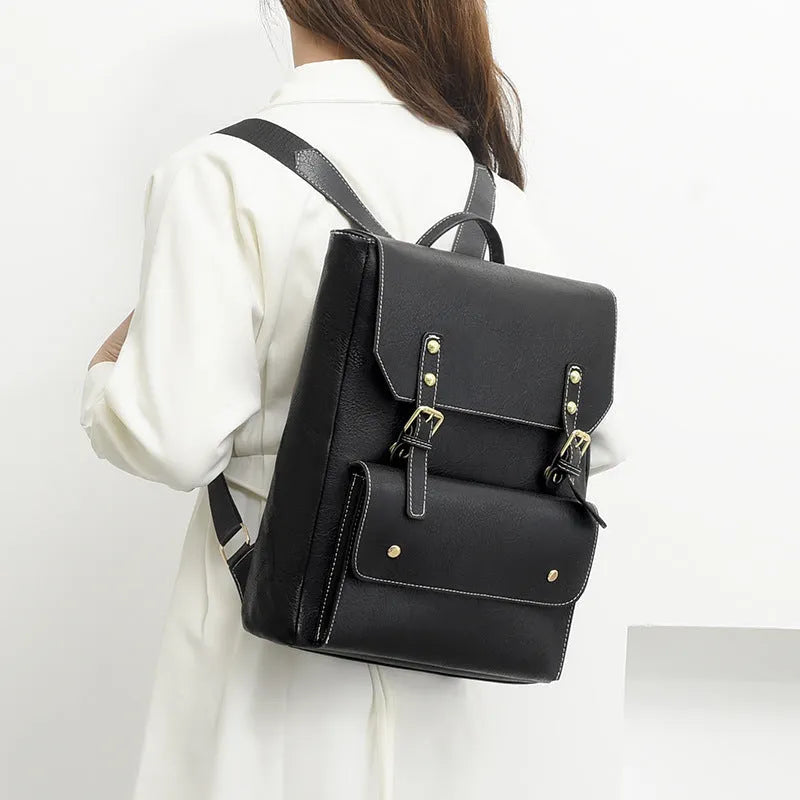 Korean style retro backpack in soft PU material showing ventilation features and burden reduction design