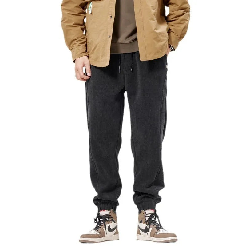 Men's corduroy ankle-tie casual sports pants, retro Japanese style, polyester, solid colour