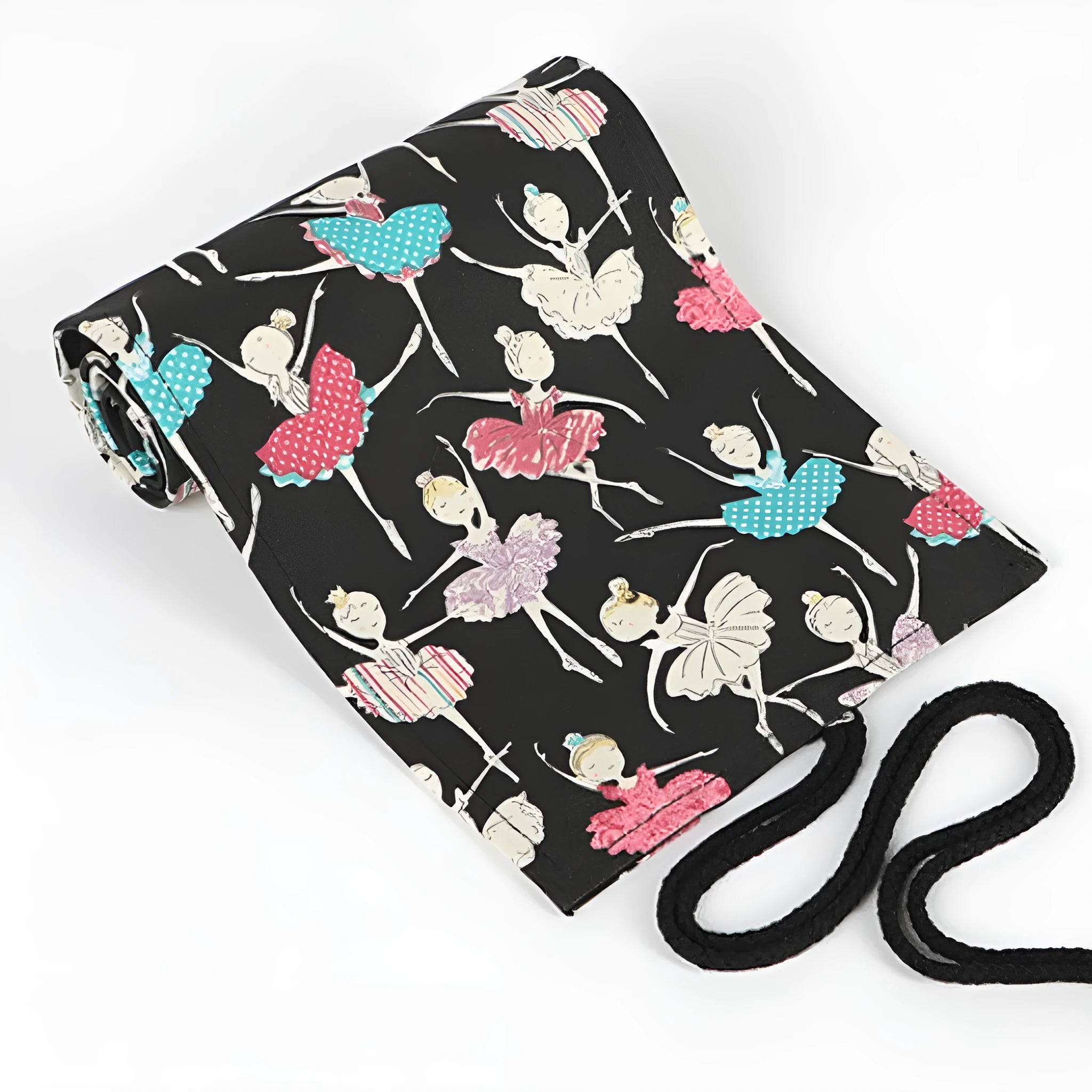 Square canvas rolling pencil case with ballet girl print, showing multiple pencil slots inside.