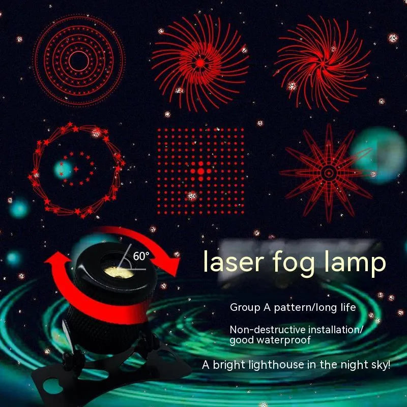Universal vehicle laser fog lamp in aluminium housing with red laser, shown with screws and mounting tape.