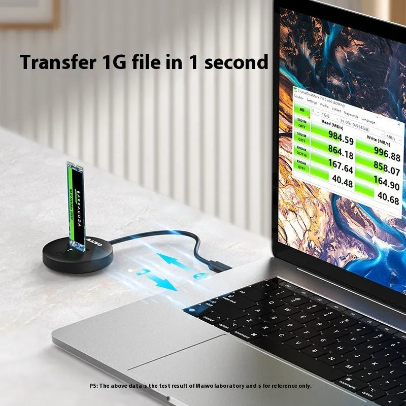 Black external hard disk enclosure with USB-C port for M.2 NVMe SSD compatibility