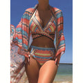 Women's cross bandage three-piece swimsuit with high waist veils design in blue red colour