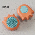 Blue pet bath brush with integrated shampoo box measuring 9cm long with massage comb bristles for dogs and cats
