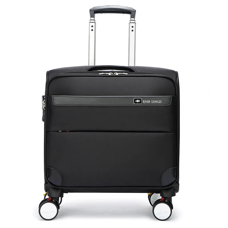 18-inch black business luggage with Oxford cloth construction and universal wheels