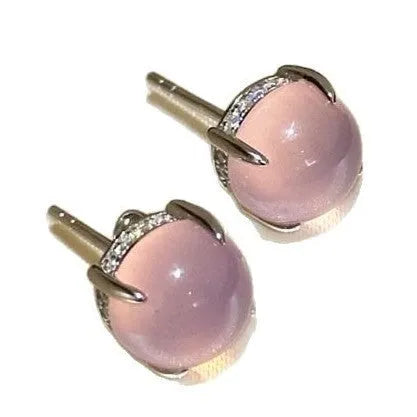 Chinese national fashion chalcedony stud earrings with round egg surface design and four-claw copper settings