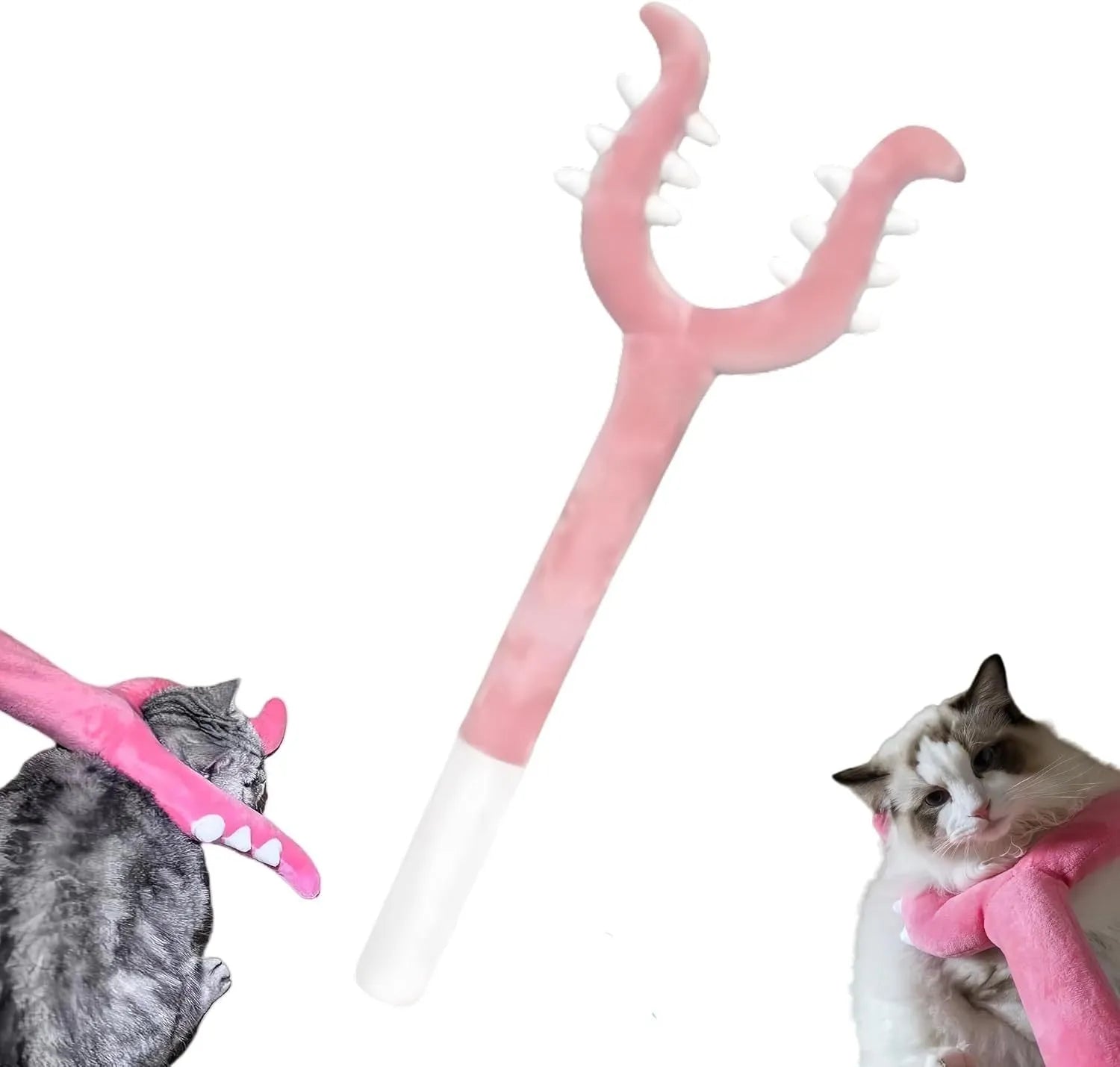 Blue and pink plush cat wand toy with a 70cm handle for interactive pet play.