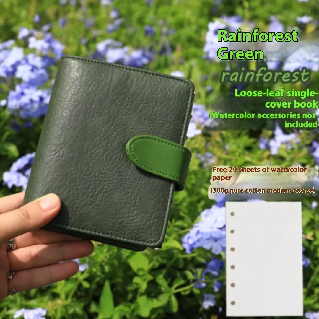 A7 loose-leaf watercolour sketchbook shown in one of five colour options: green, brown, yellow, coffee, or dark green.