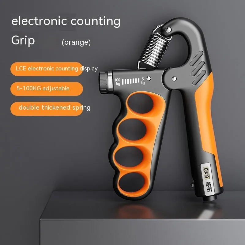 Adjustable electronic count spring grip hand strengthener in grey, orange, or red colour.