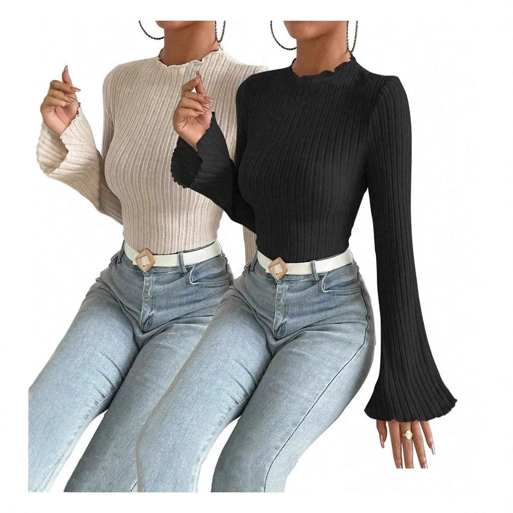 Black slim fit long sleeve top with round neck and lantern sleeves on a mannequin.
