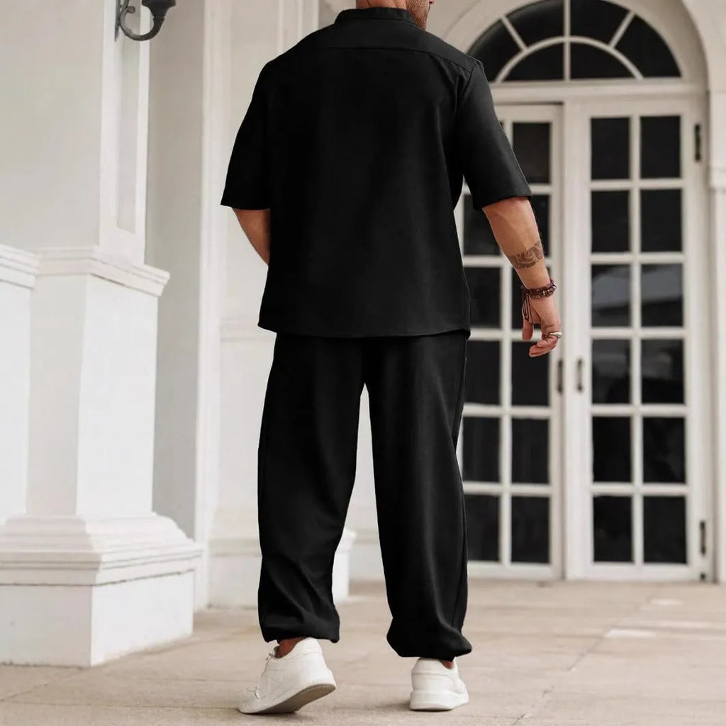 Men's linen cotton short sleeve button shirt with matching trousers casual set in three colours