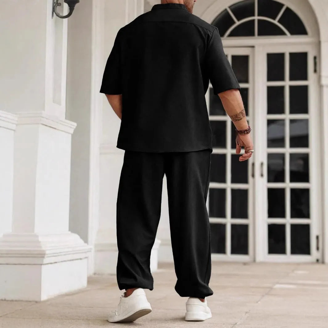 Men's linen cotton short sleeve button shirt with matching trousers casual set in three colours