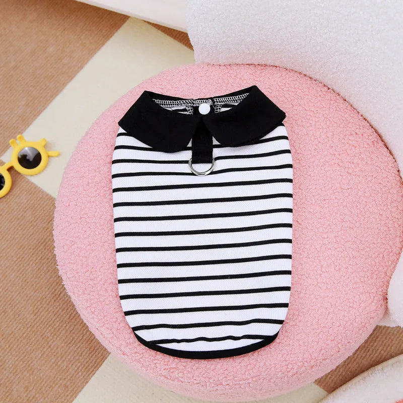 Dog wearing cotton summer stripes T-shirt and matching skirt set