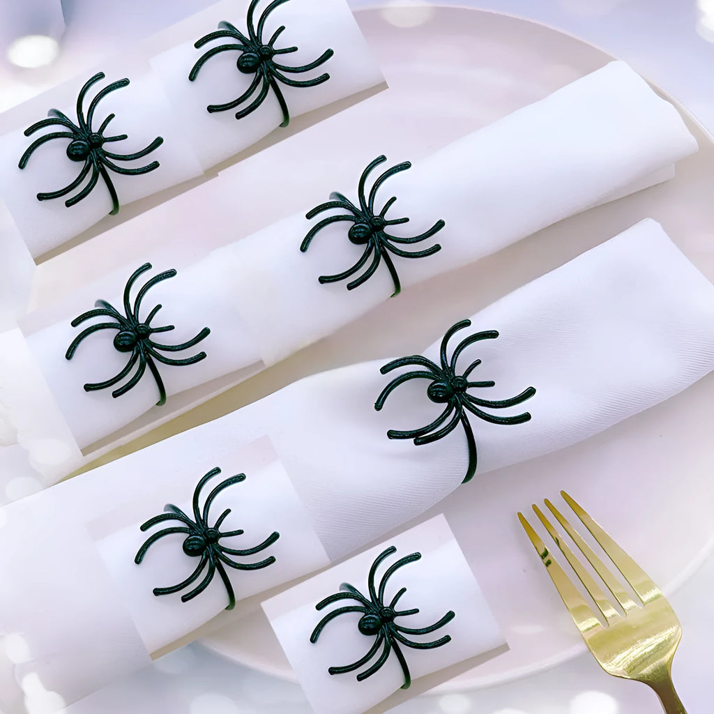 Six black spider design alloy napkin rings for Halloween table decoration measuring 5x4.5x4cm