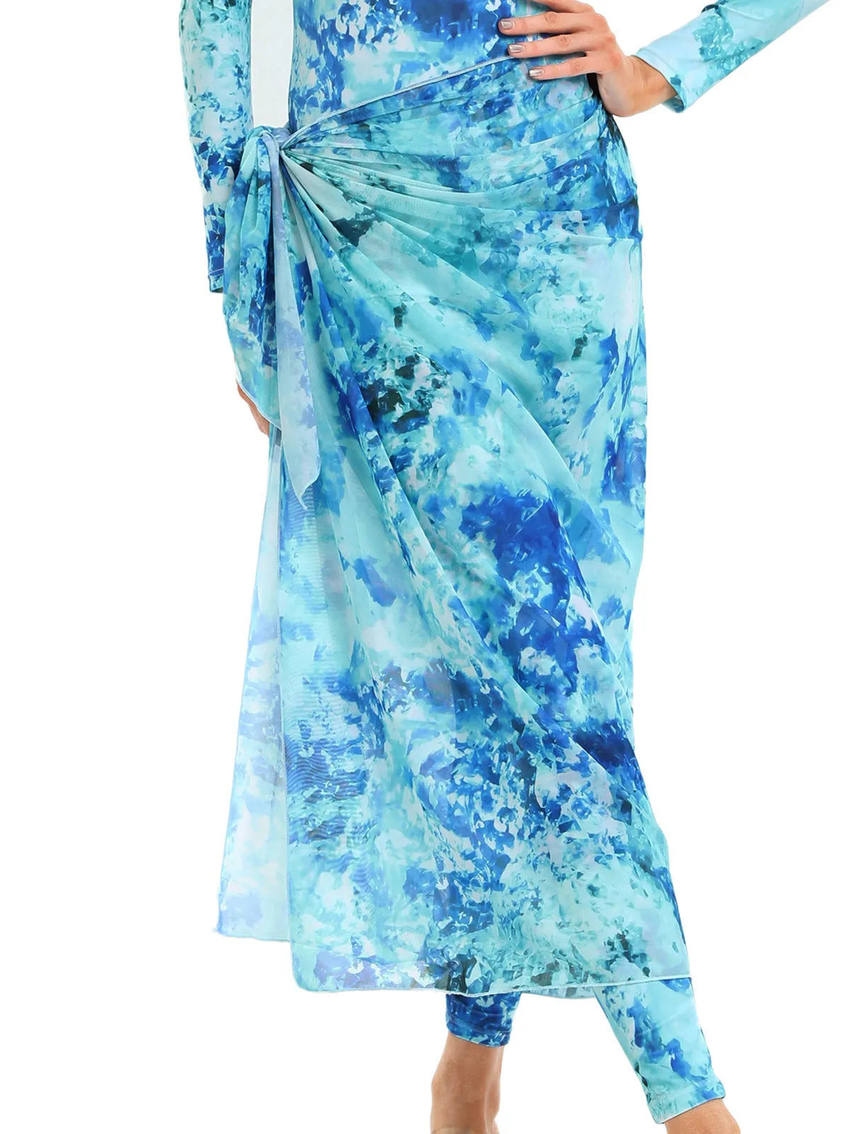 Conservative Muslim women's three-piece swimsuit set in blue, with a matching apron, on a mannequin.