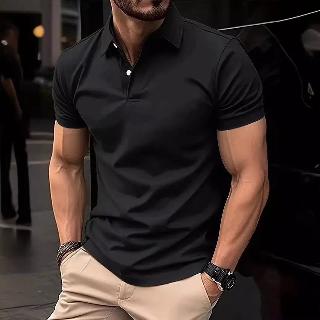 Men's slim fit cotton blend short sleeve button-up shirt in solid colour