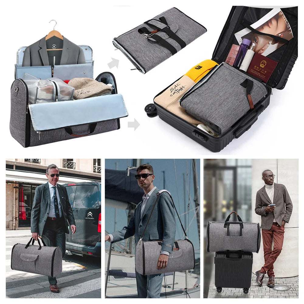 Folding duffel luggage bag in dark blue with 36-55L capacity for business travel and workouts