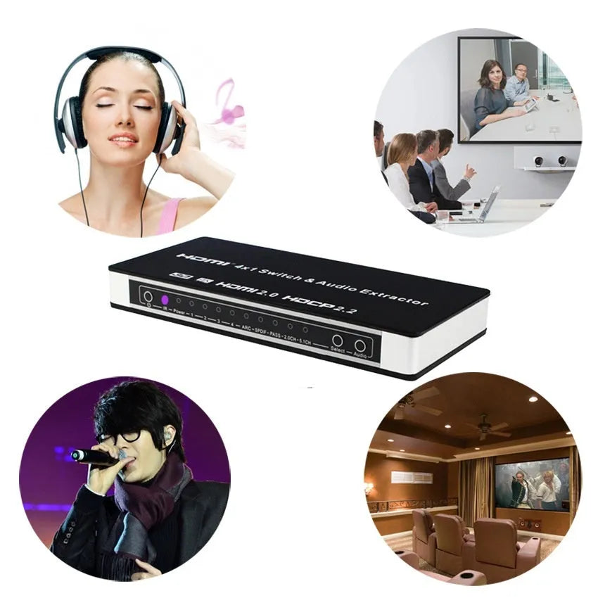Black HDMI switch unit with four input ports, one output port, remote control, and UK plug power adapter.