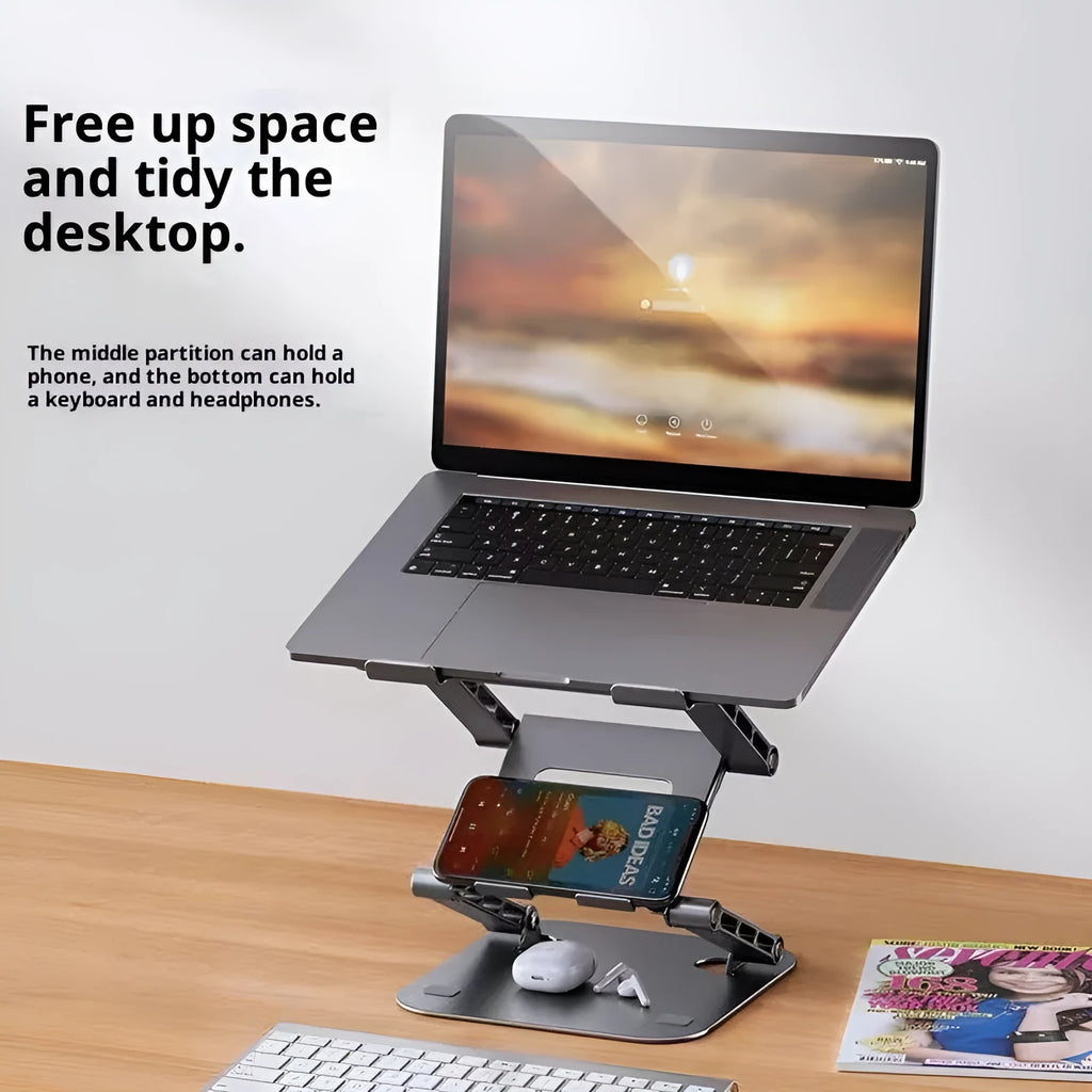 Three-layer elevated carbon steel laptop stand in Bright Moon Silver, height adjustable for laptops under 15.6 inches