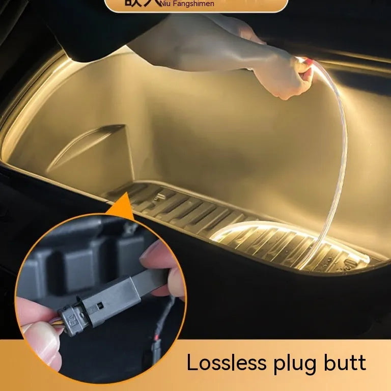 Tesla Model 3 and Y front centre console soft silicone ambience light in ice blue, pure white, and warm white options.