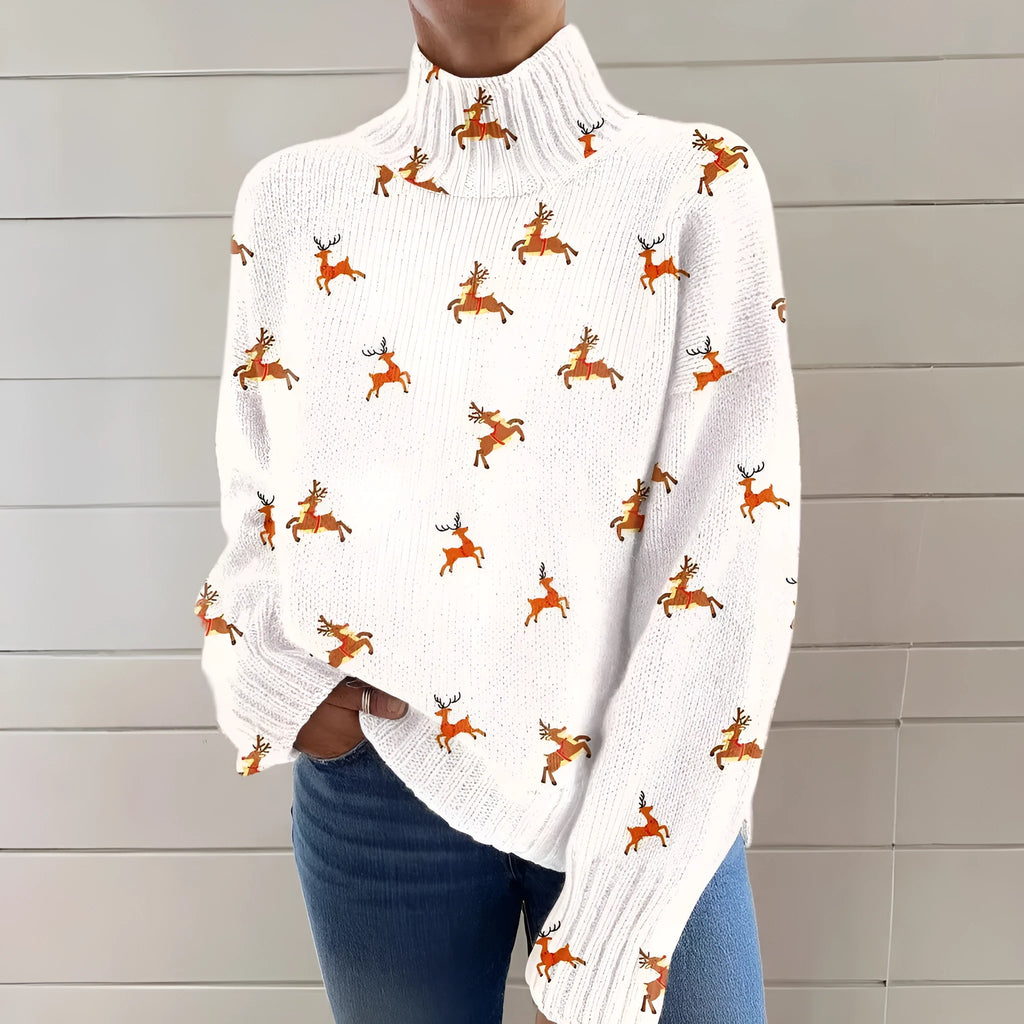 Women's Christmas printed turtleneck sweater showing painting pattern and loose fit