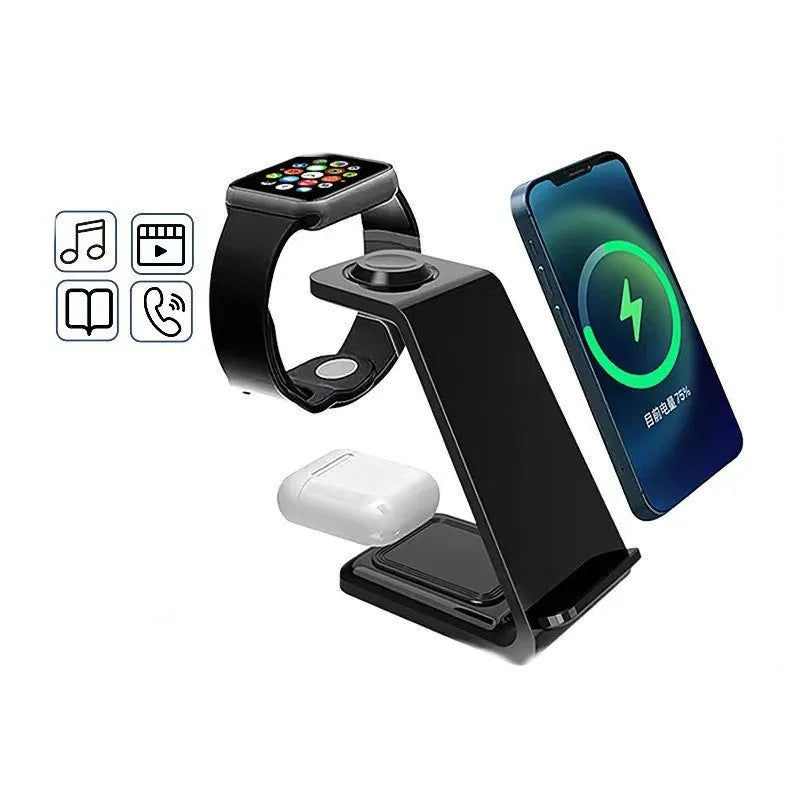 White 3-in-1 upright wireless phone charger with dual coils and Type-C cable on desk